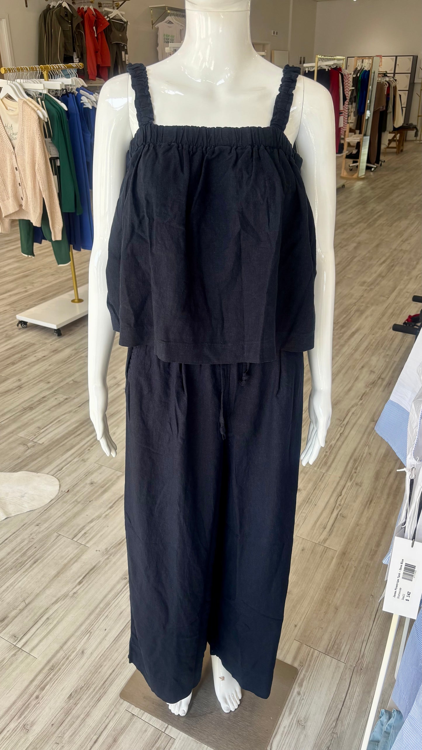 Linen Ruched Shoulder Tank - New Navy