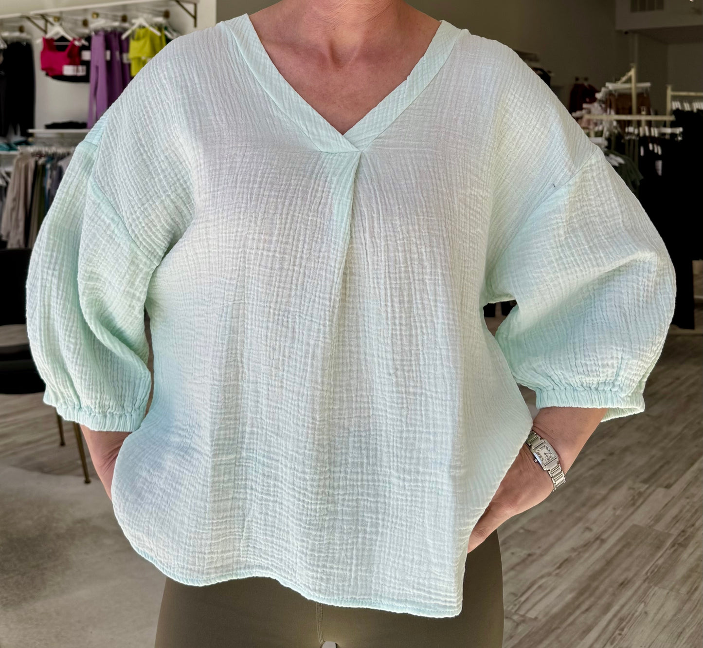Double Gauze V Neck Top - Sheer Blue