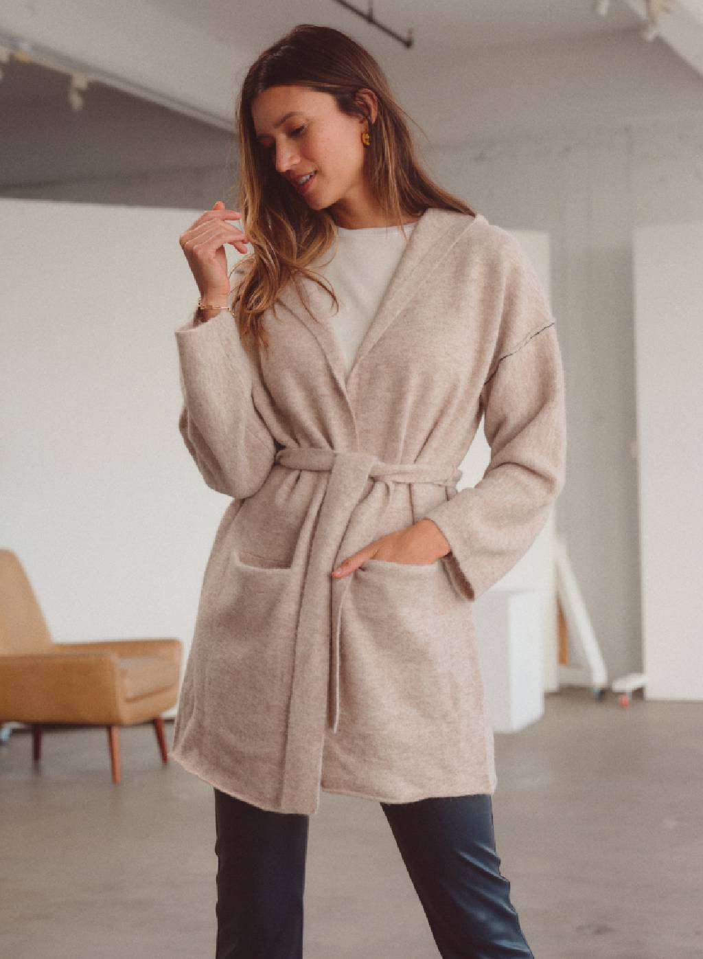 Belted Hooded Cardigan Sweater - Oatmeal Heather