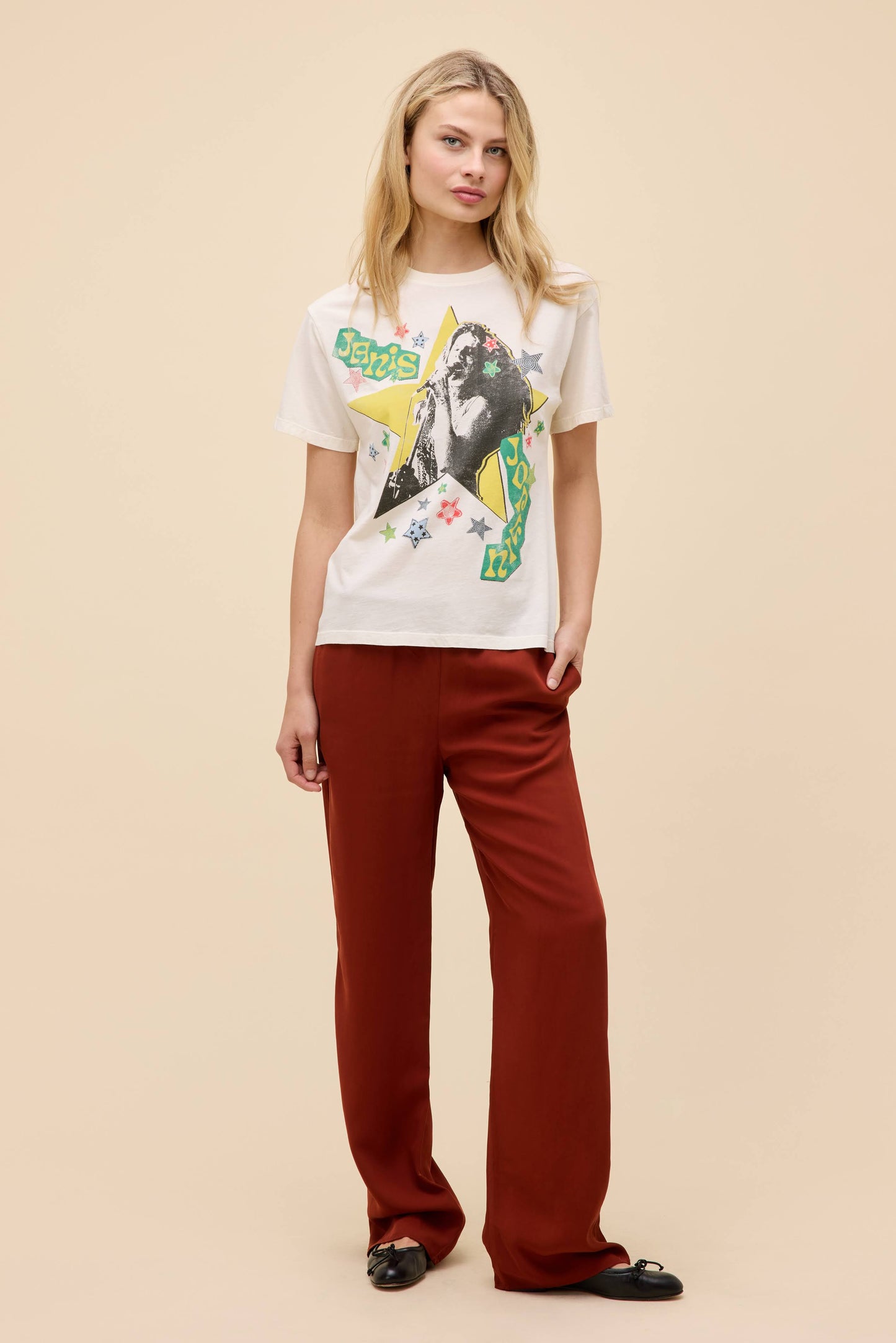 Janis Joplin Scrapbook Art Boyfriend Tee - Stone
