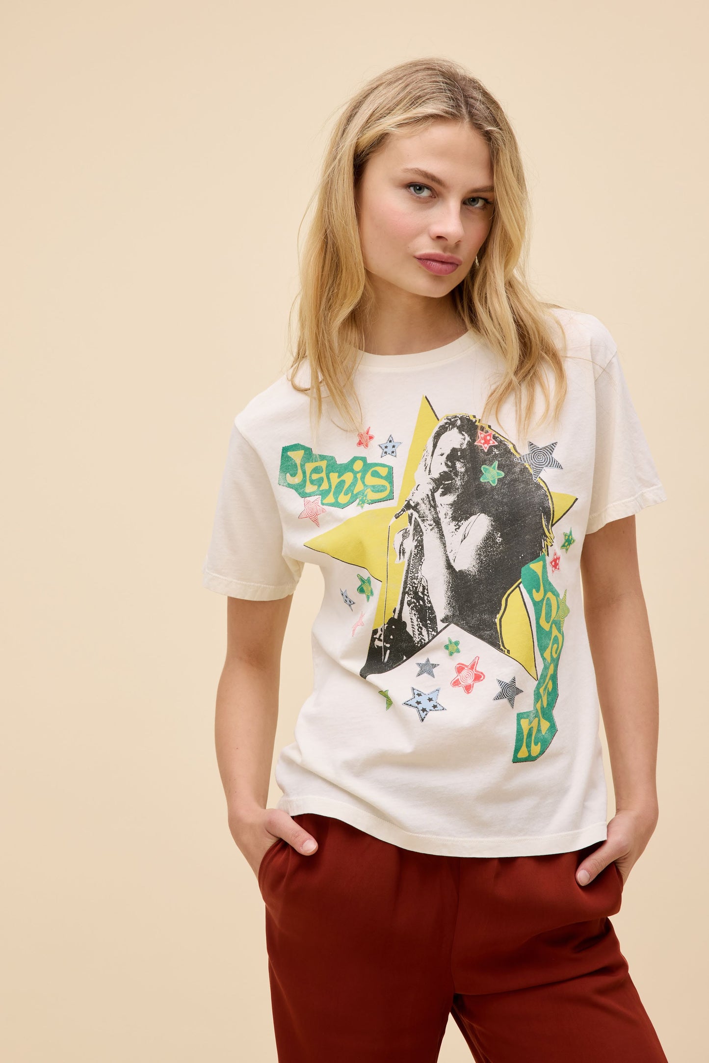 Janis Joplin Scrapbook Art Boyfriend Tee - Stone