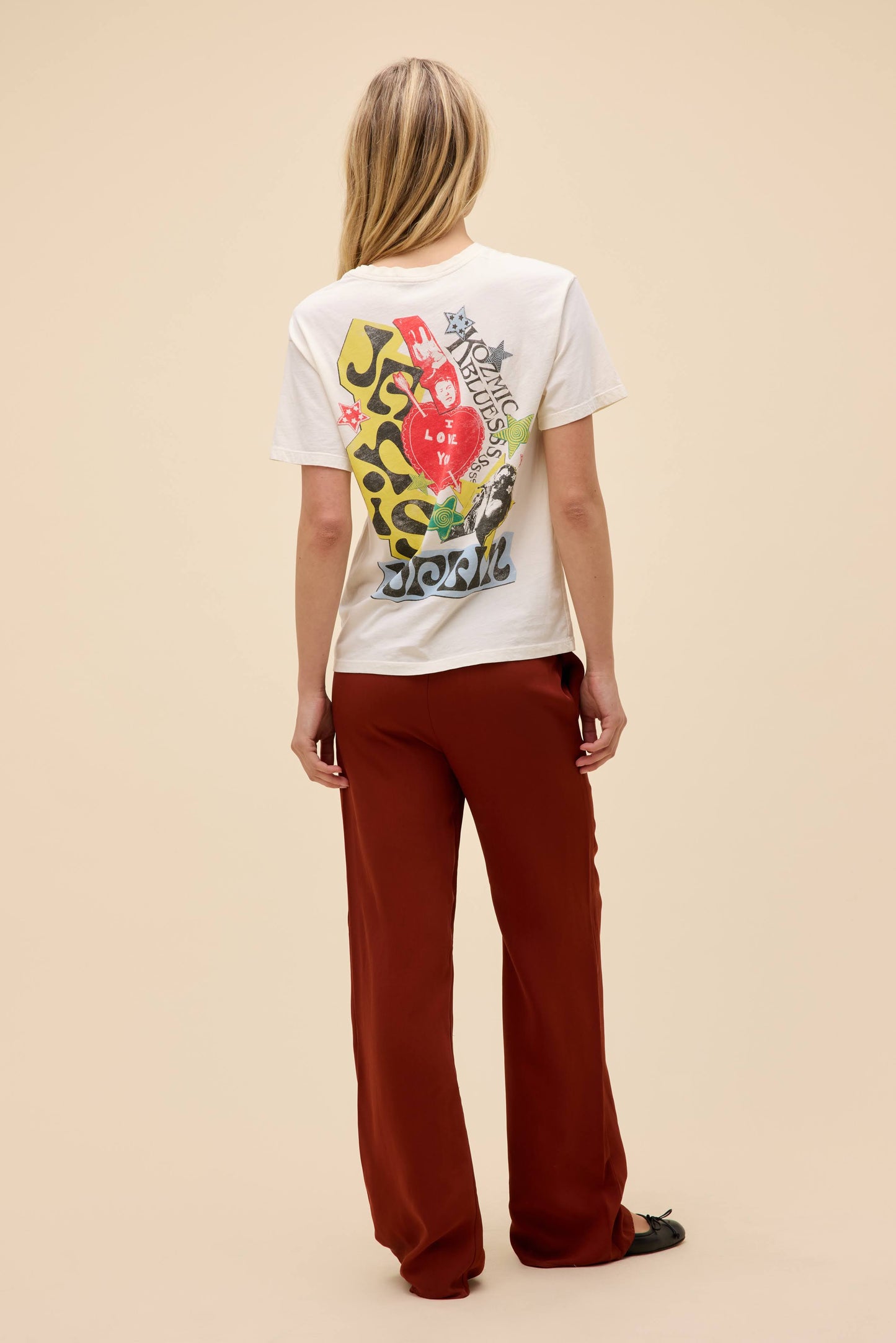 Janis Joplin Scrapbook Art Boyfriend Tee - Stone