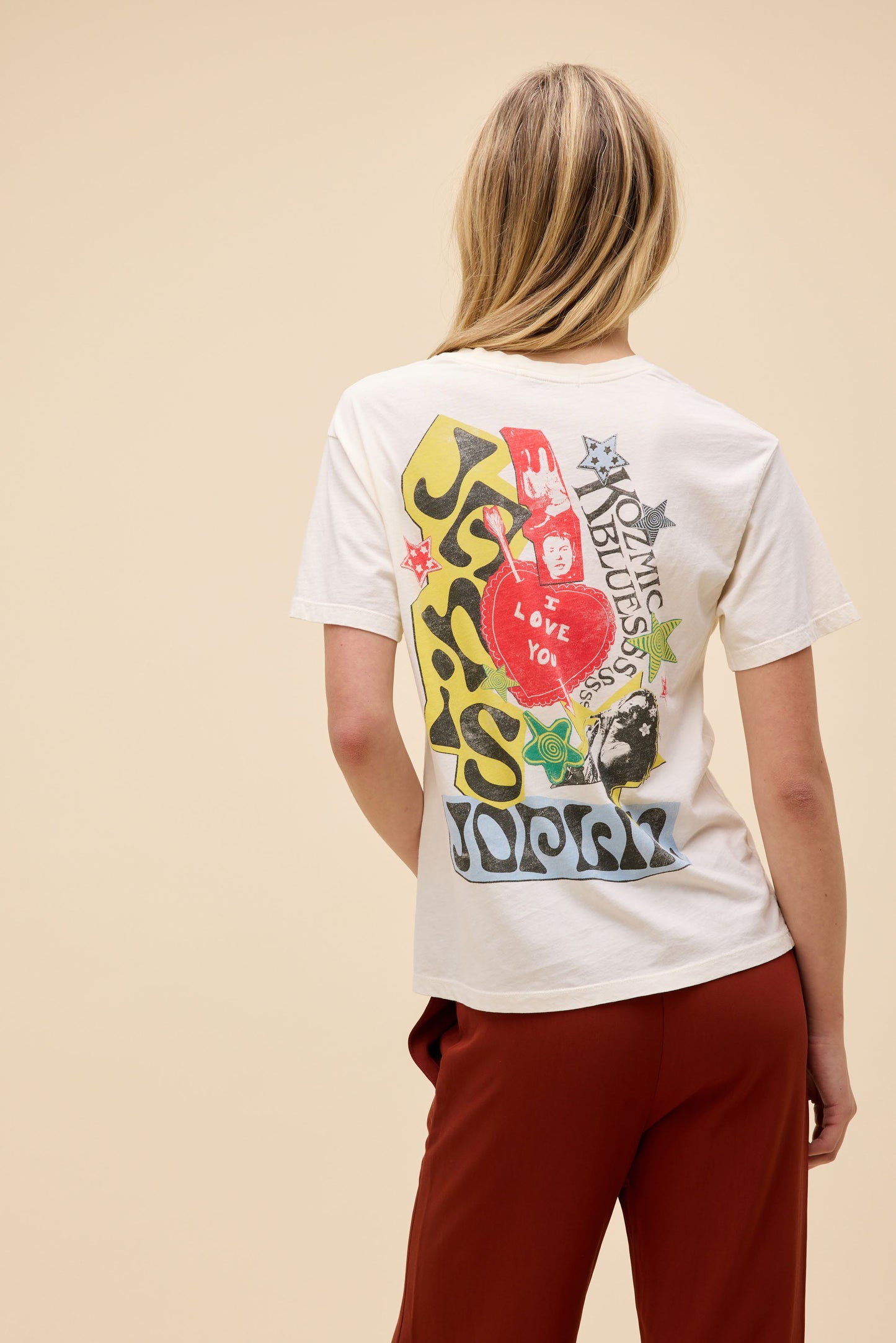 Janis Joplin Scrapbook Art Boyfriend Tee - Stone
