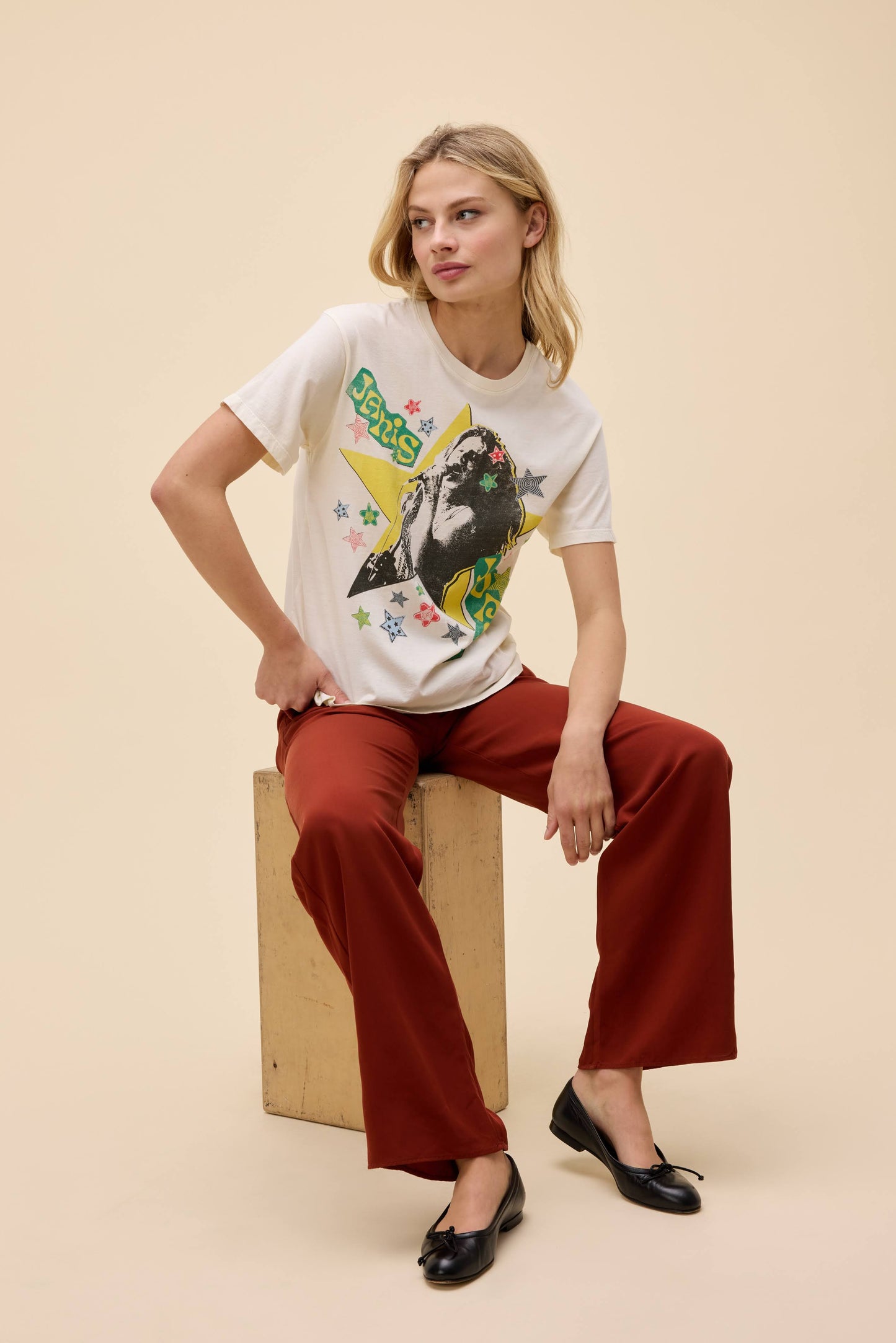 Janis Joplin Scrapbook Art Boyfriend Tee - Stone