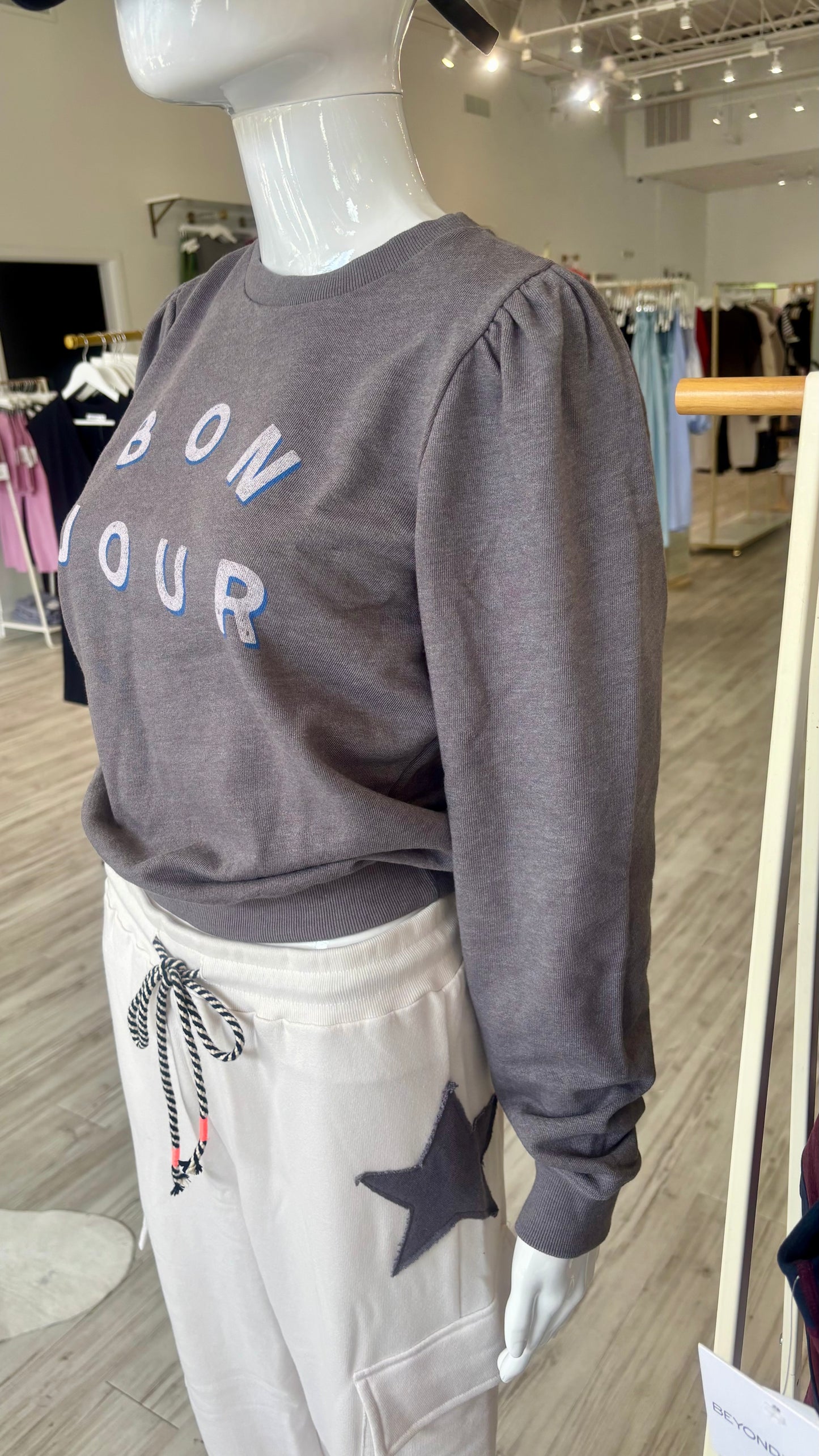 Puff Sleeve Sweatshirt - Bonjour - Washed Black