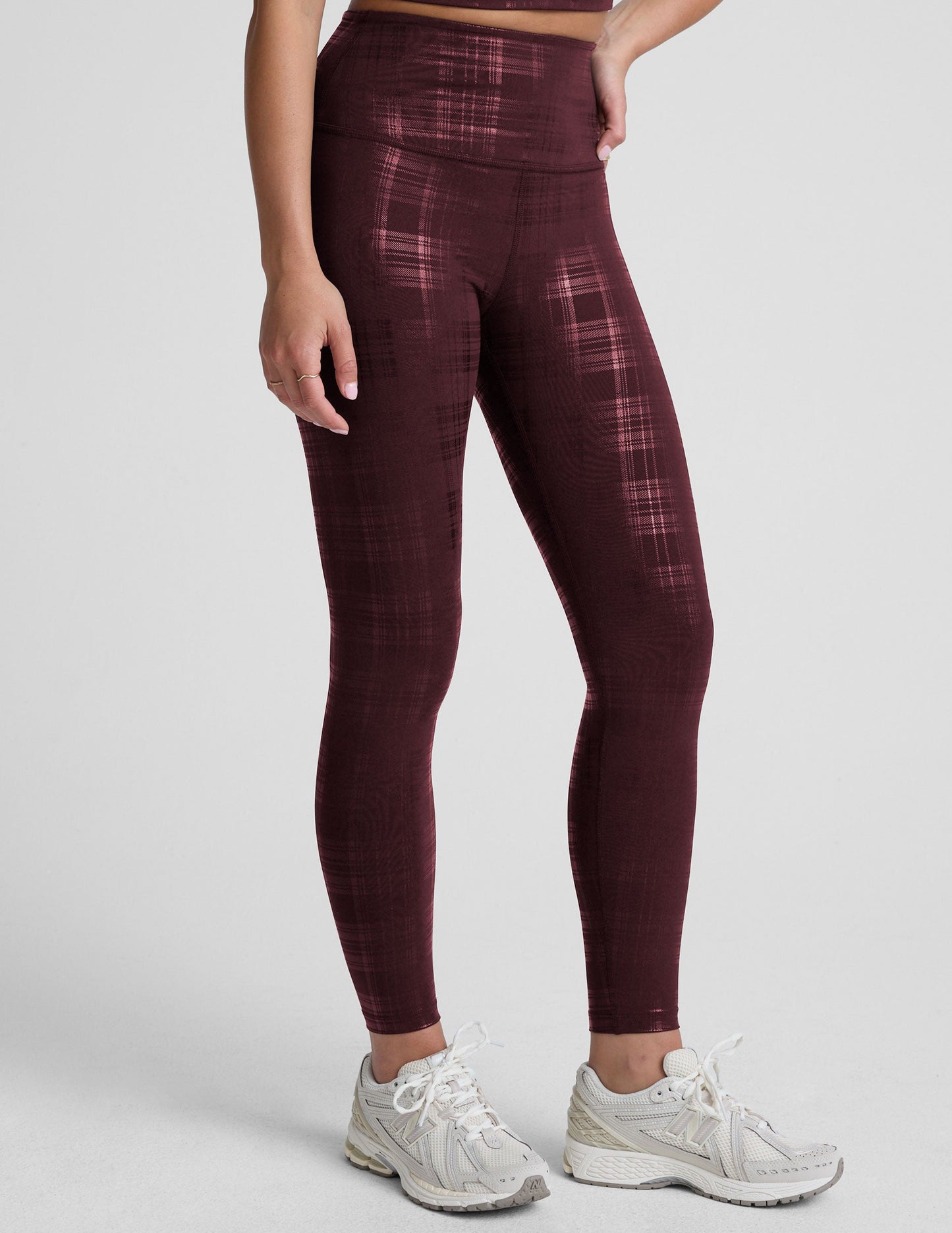 High Waisted Midi Legging - Plaid Foil Burgundy