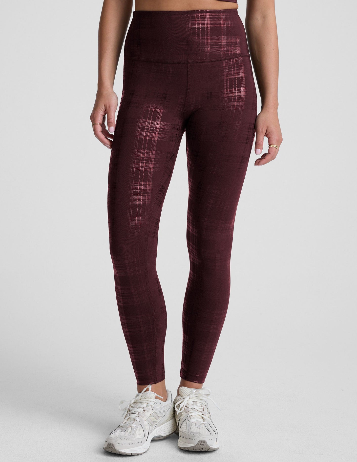 High Waisted Midi Legging - Plaid Foil Burgundy