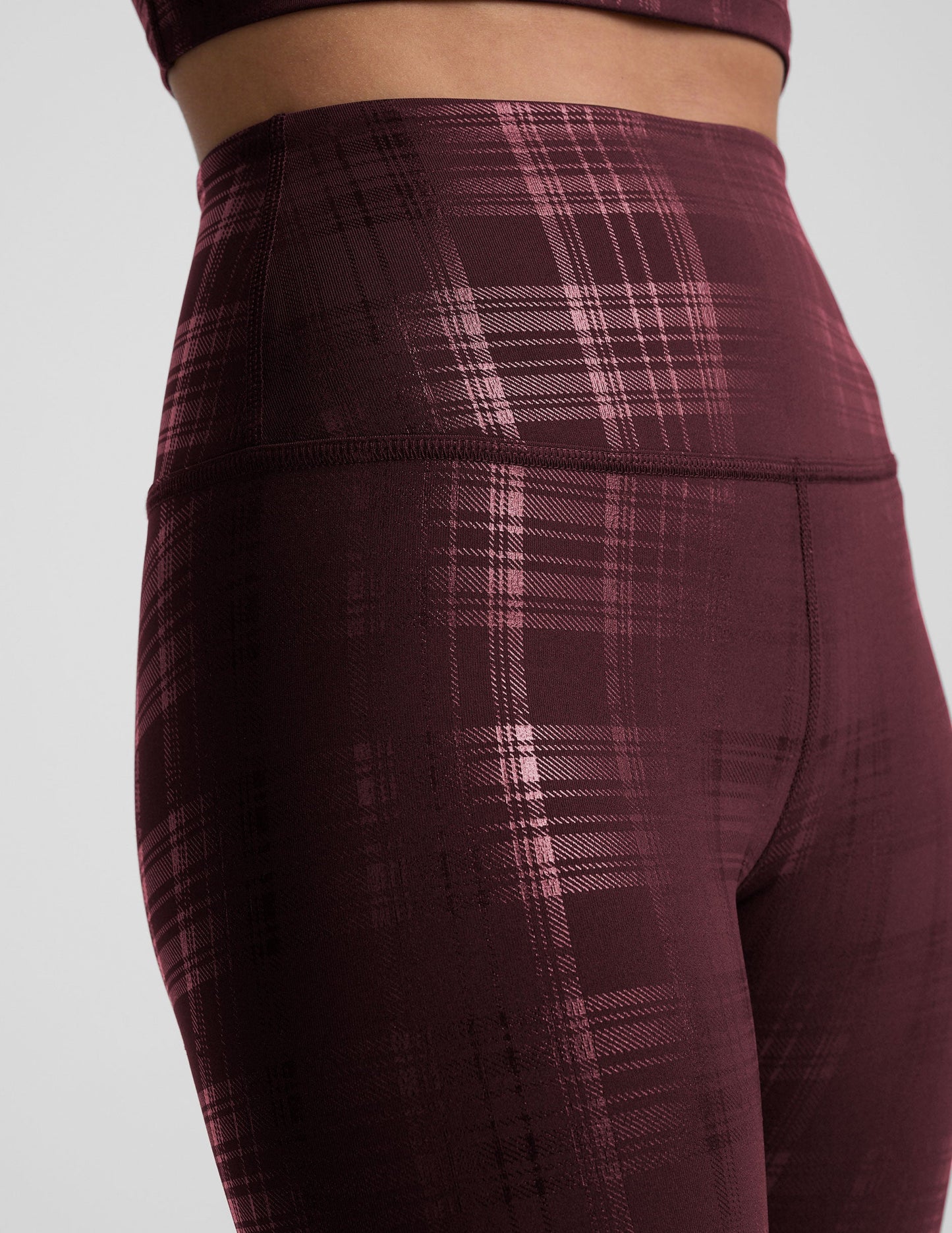 High Waisted Midi Legging - Plaid Foil Burgundy