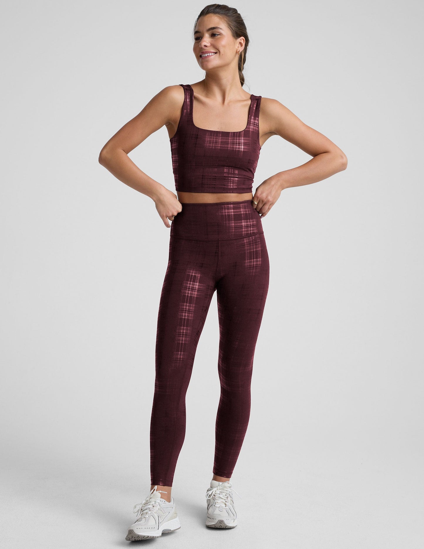 High Waisted Midi Legging - Plaid Foil Burgundy