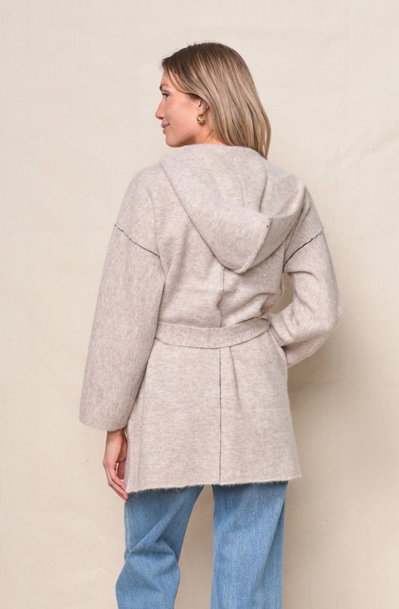 Belted Hooded Cardigan Sweater - Oatmeal Heather