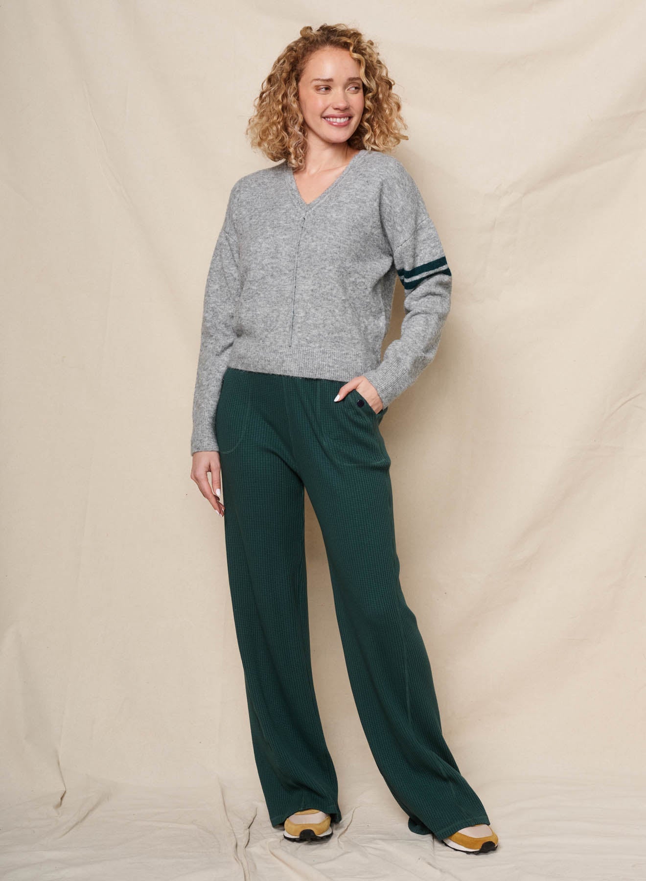 Lucky 7 V-Neck Intarsia Sweater - Heather Grey