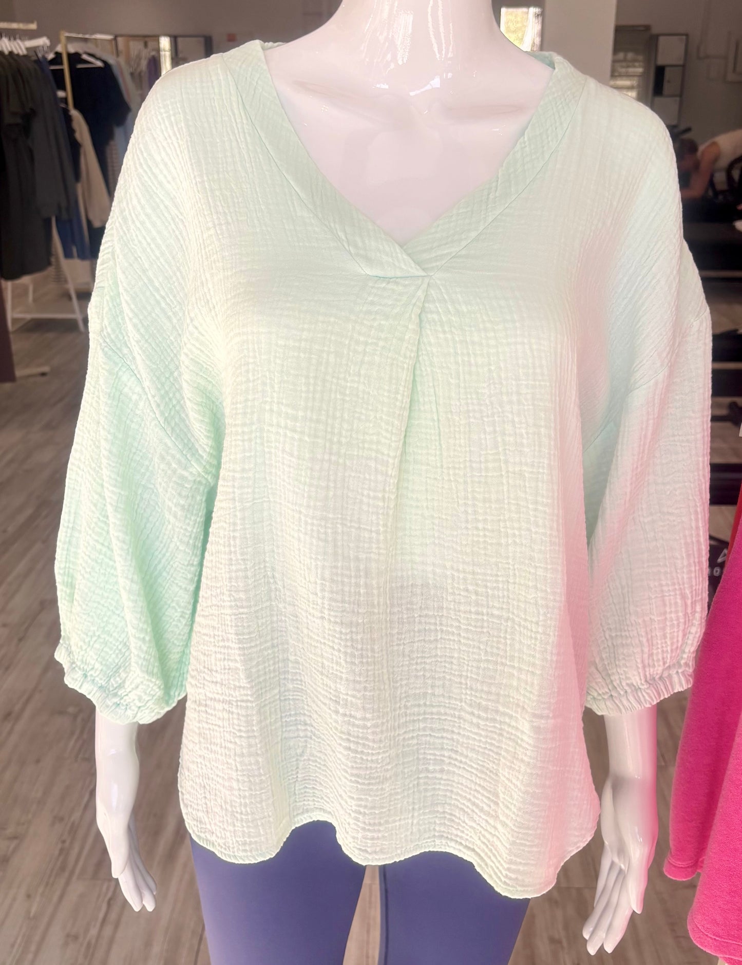 Double Gauze V Neck Top - Sheer Blue
