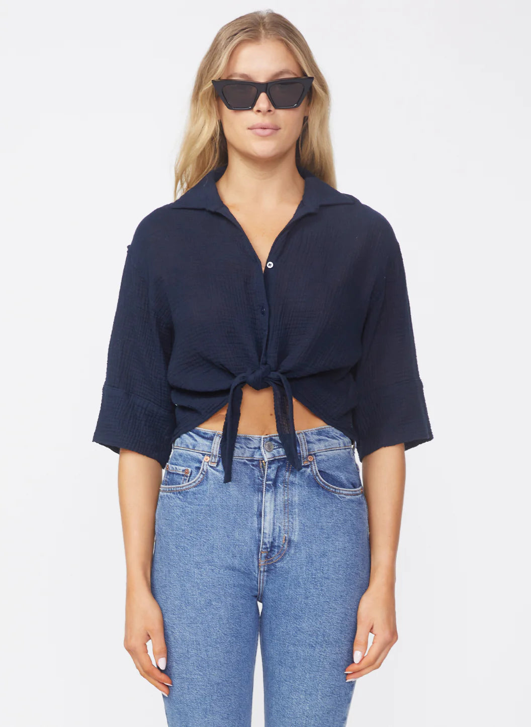 Gauze Short Sleeve Front Tie Shirt