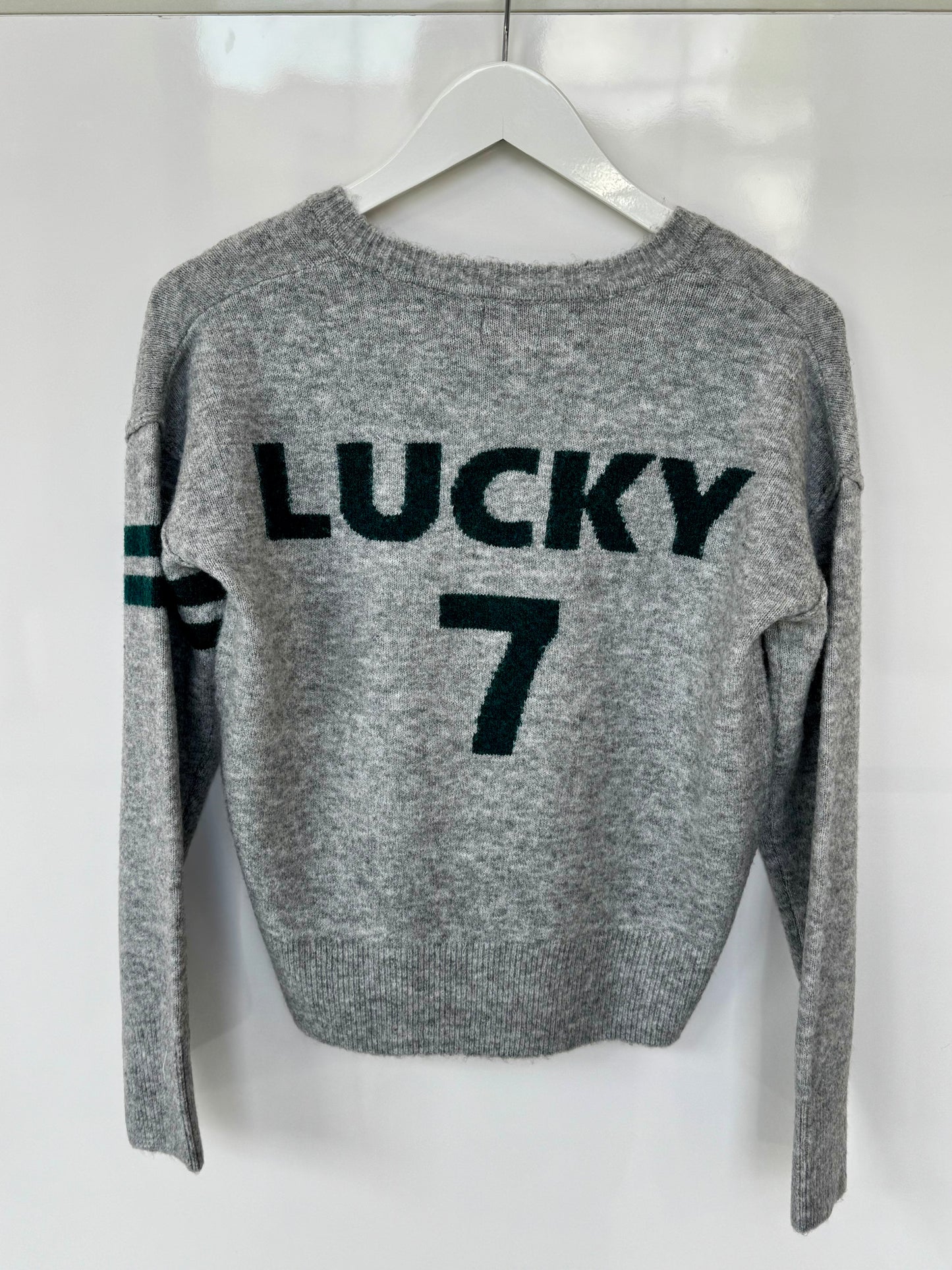 Lucky 7 V-Neck Intarsia Sweater - Heather Grey