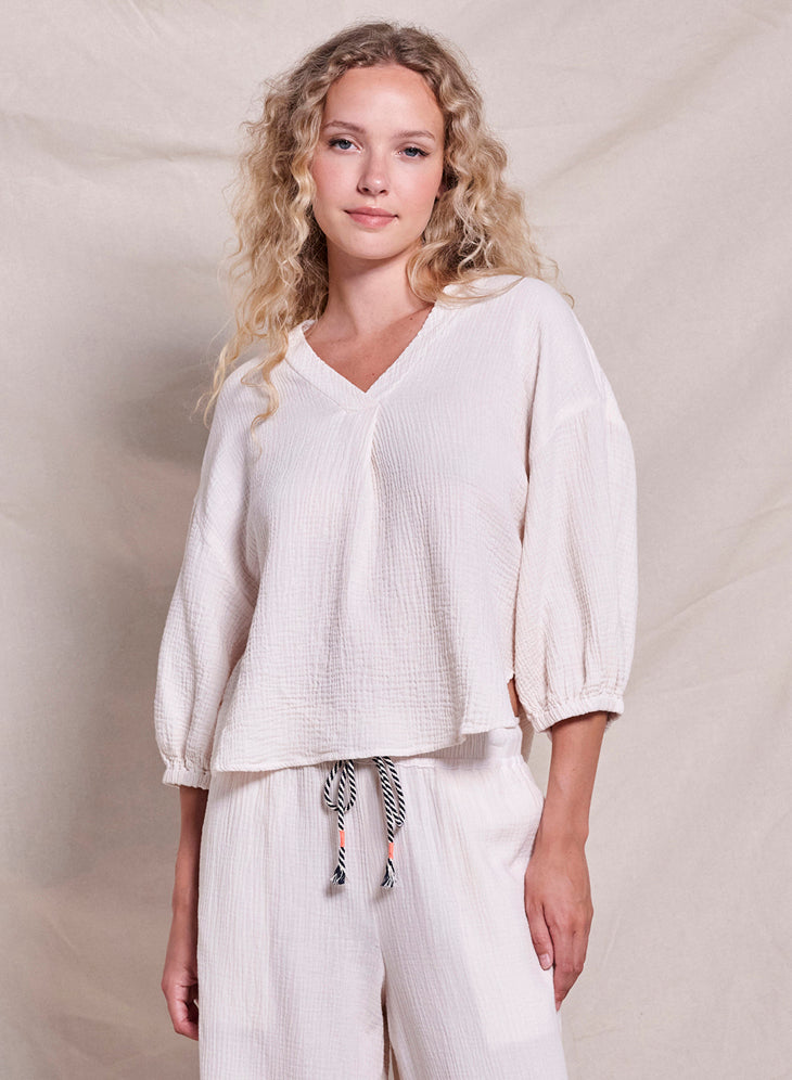 Double Gauze V Neck Top - Sheer Blue