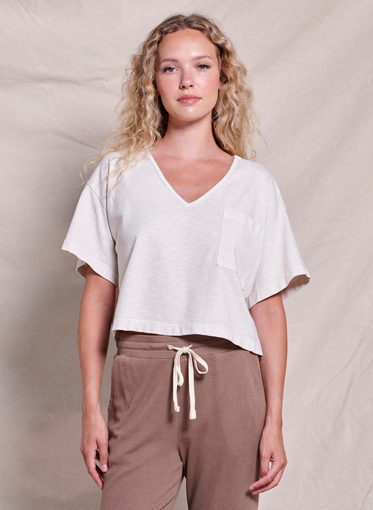 Crop V Neck Pocket Tee - Optic White