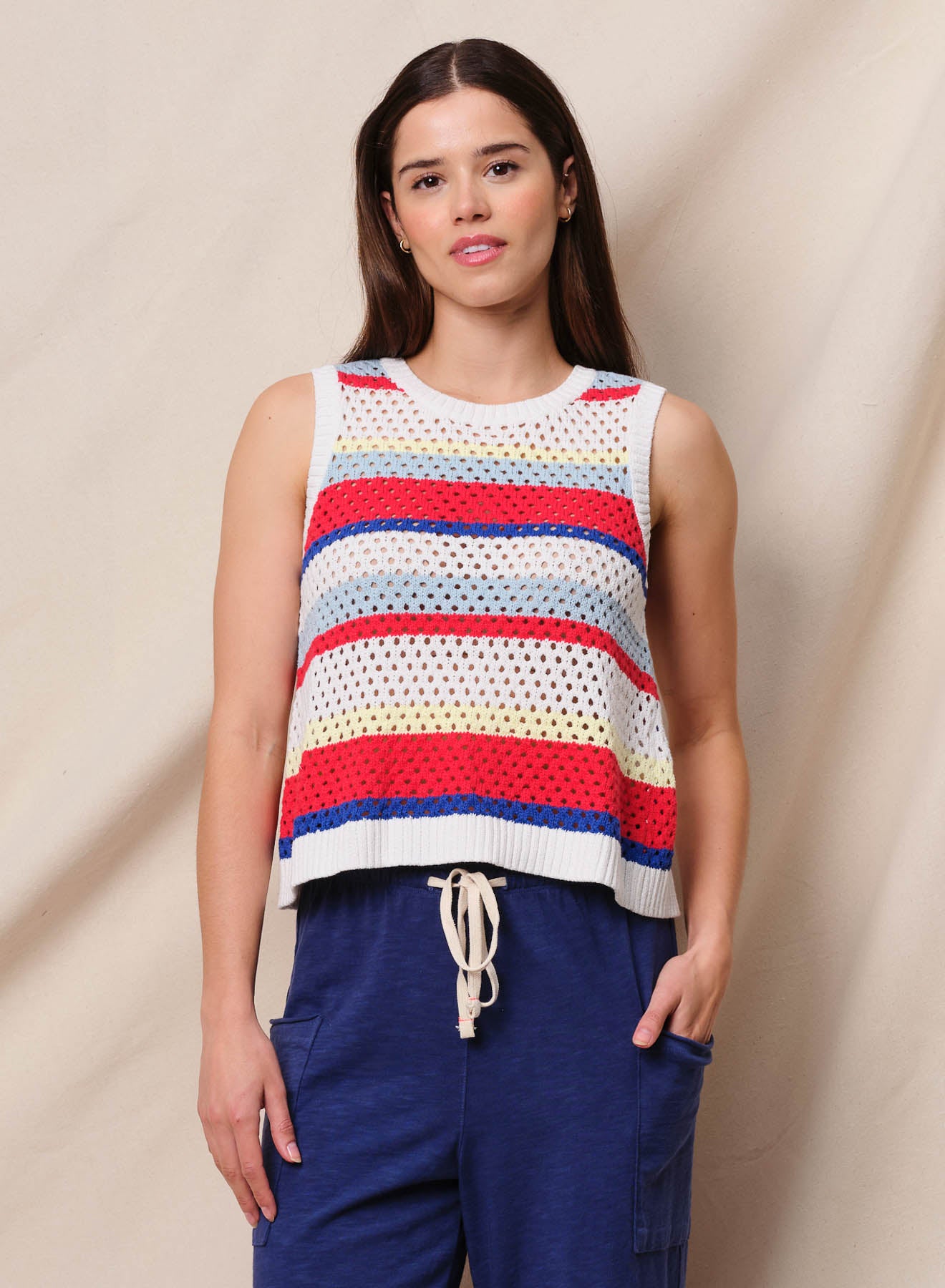 Tie Back Stripe Tank Sweater - Bright Coral