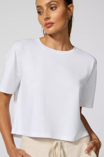 boxy cropped white tee pima cotton close up