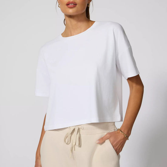 boxy cropped white tee pima cotton angle