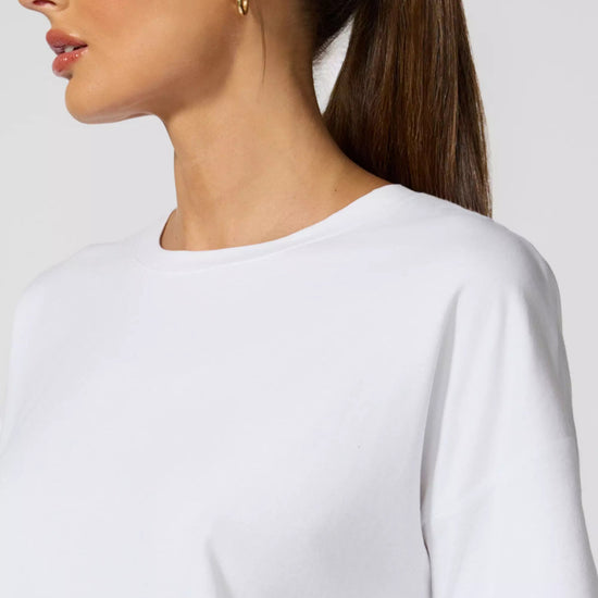 boxy cropped white tee pima cotton close up