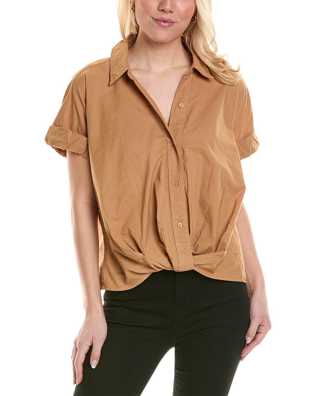 Voile Short Sleeve Cropped Twist Shirt - Almond