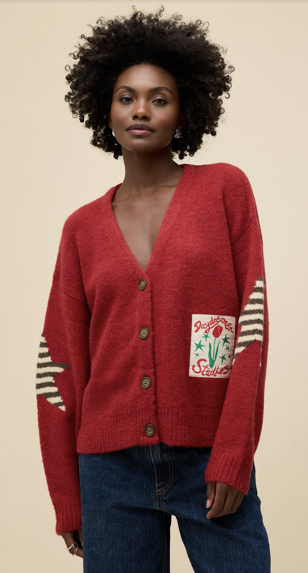 Star V-Neck Slouch Cardigan - Sweater Red