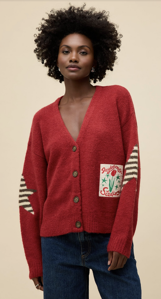 Star V-Neck Slouch Cardigan - Sweater Red