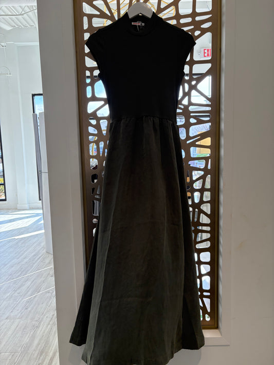 Cap Sleeve Mixed Rib/Cupro Dress - Signature Green