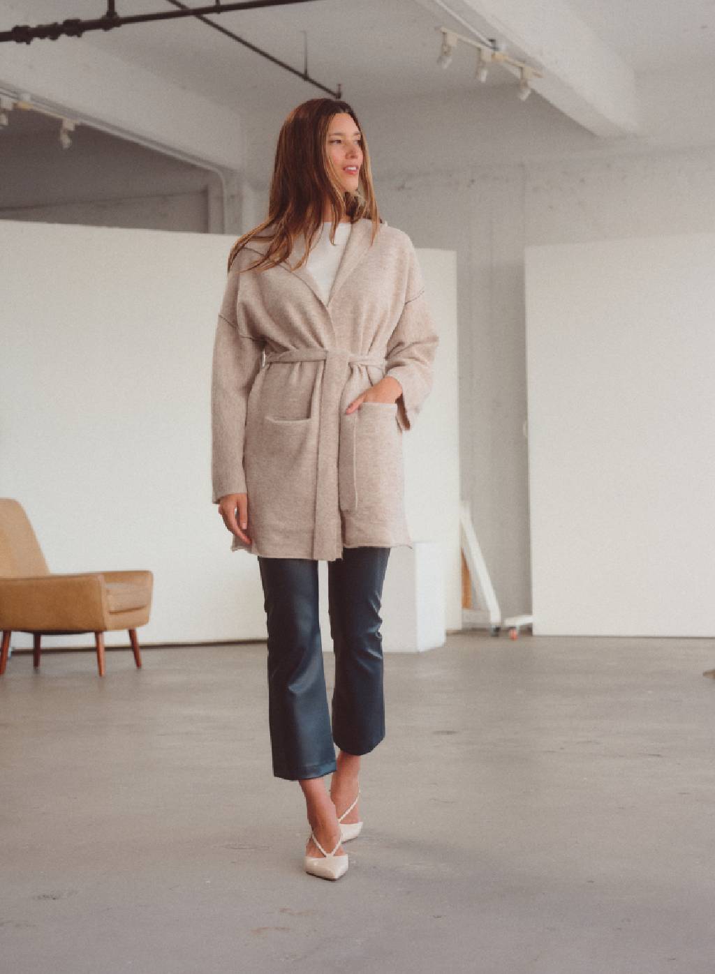 Belted Hooded Cardigan Sweater - Oatmeal Heather