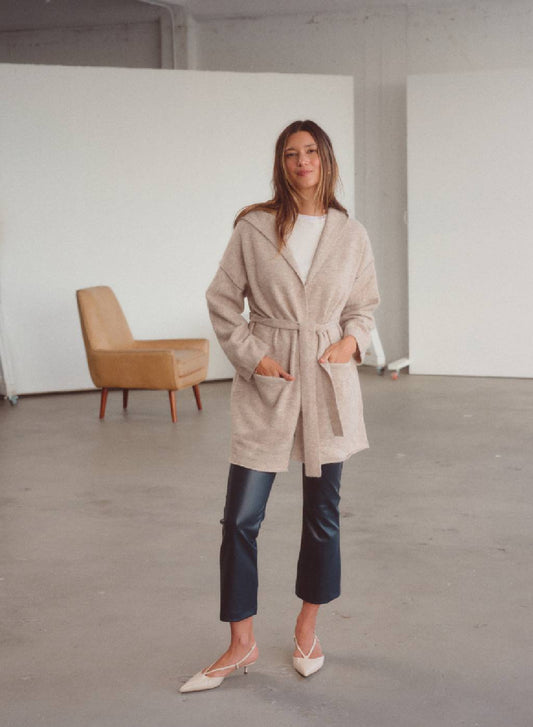 Belted Hooded Cardigan Sweater - Oatmeal Heather