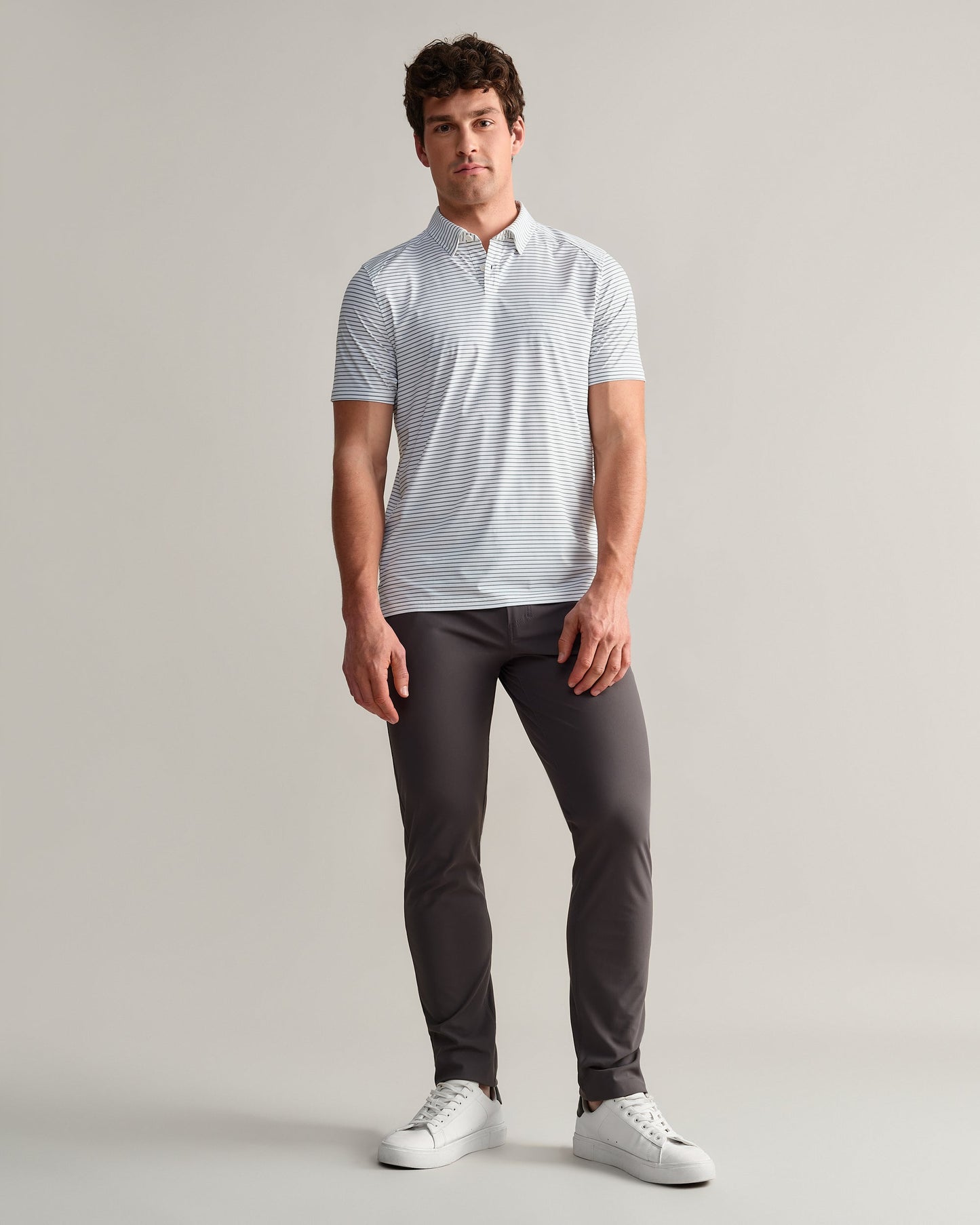 Mens Commuter Polo Slim - White/Green Stripe