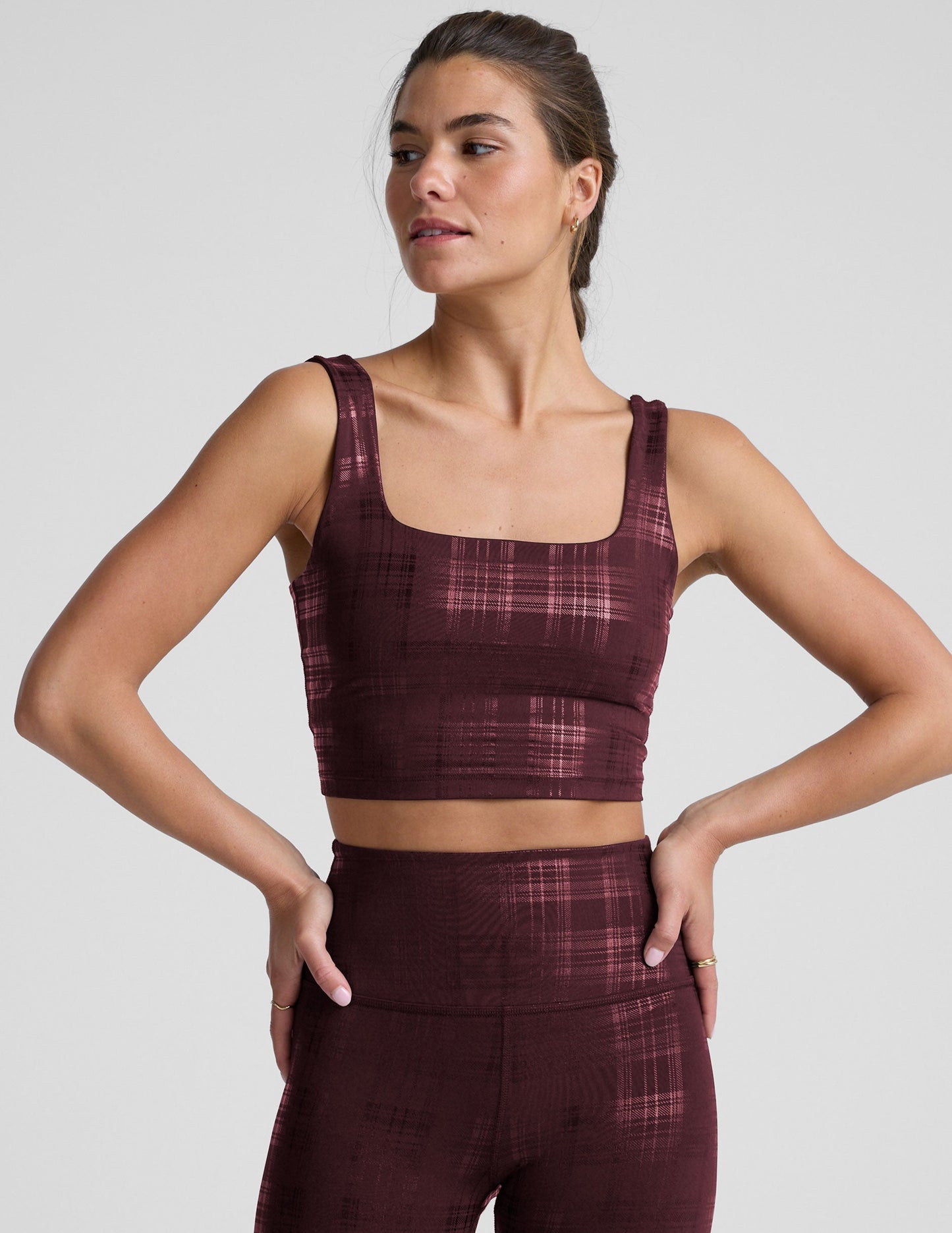 Beyond The Studio High Cropped Tank - Plaid Foil Burgundy