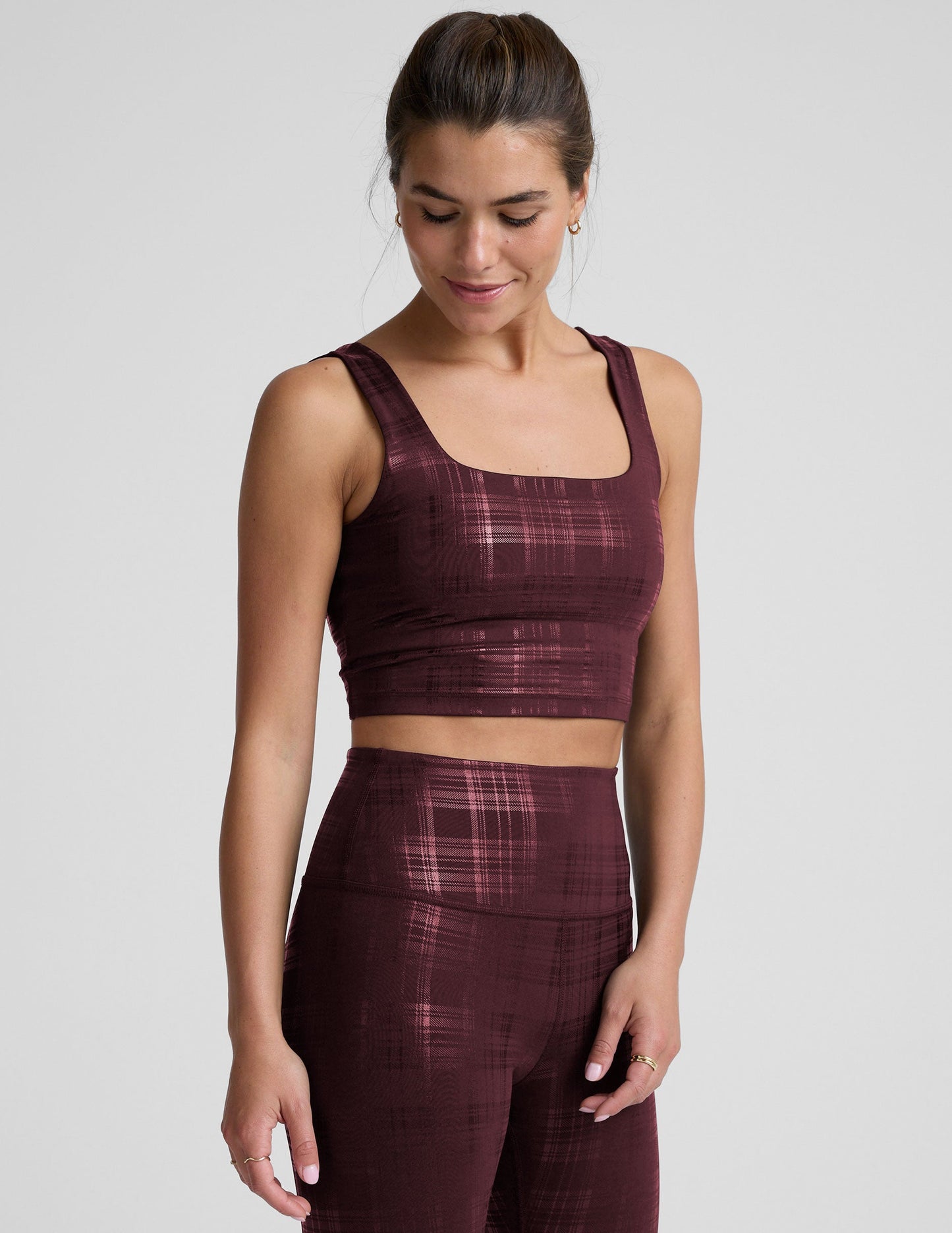 Beyond The Studio High Cropped Tank - Plaid Foil Burgundy