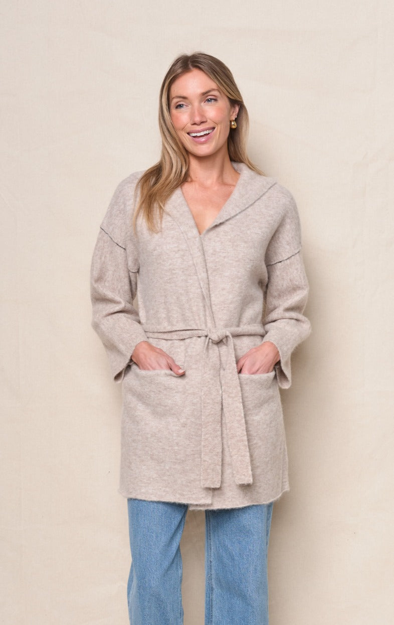 Belted Hooded Cardigan Sweater - Oatmeal Heather
