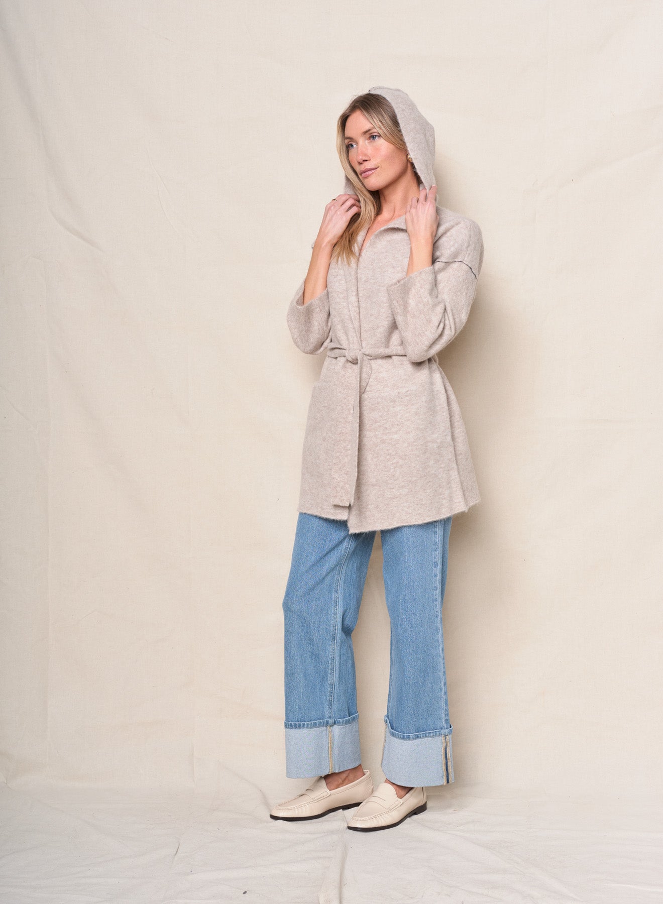 Belted Hooded Cardigan Sweater - Oatmeal Heather