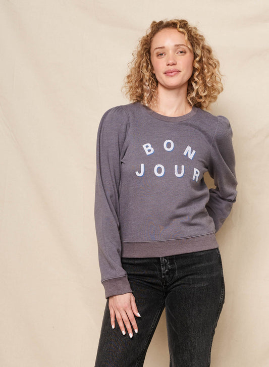 Puff Sleeve Sweatshirt - Bonjour - Washed Black