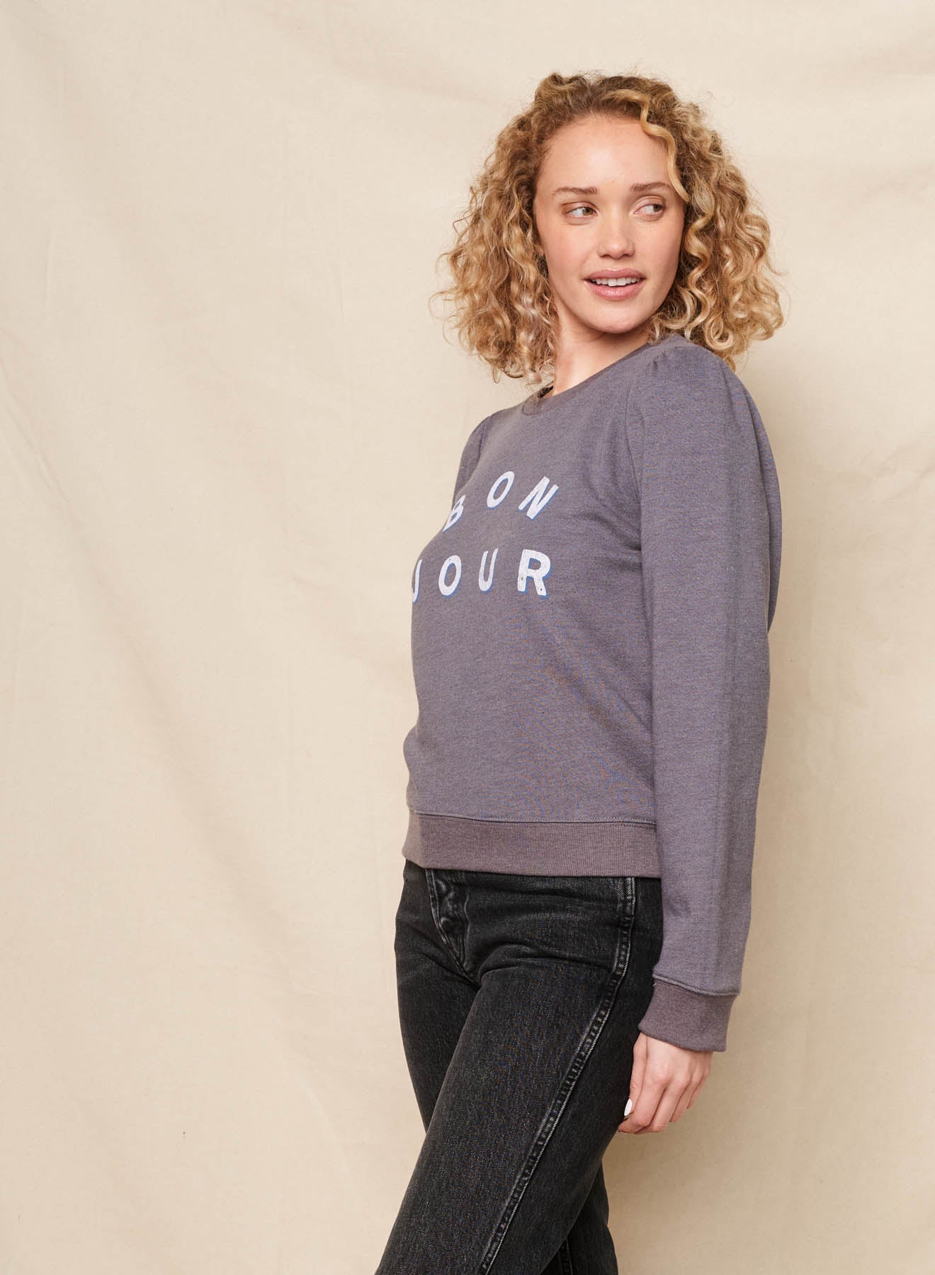 Puff Sleeve Sweatshirt - Bonjour - Washed Black