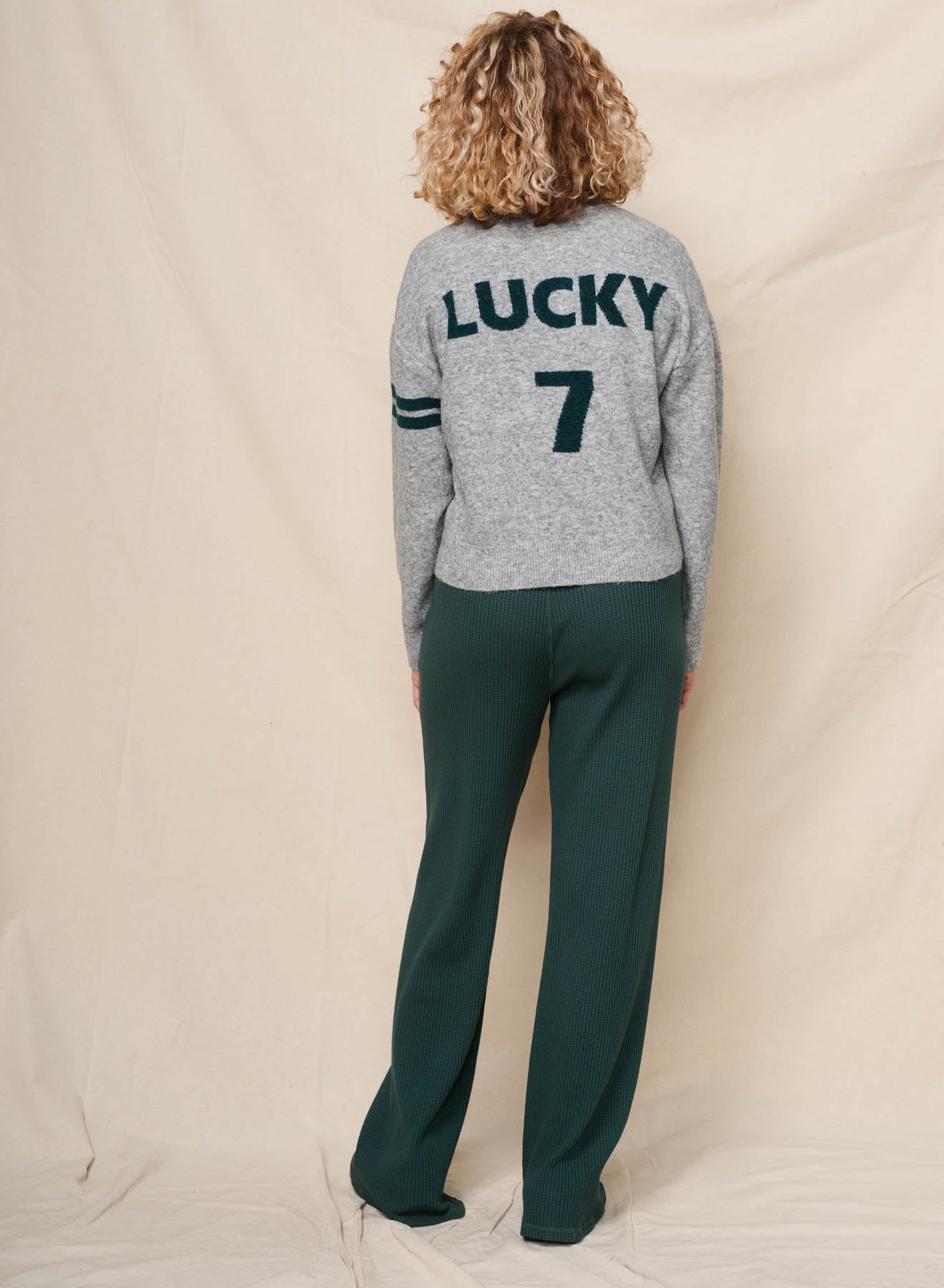Lucky 7 V-Neck Intarsia Sweater - Heather Grey