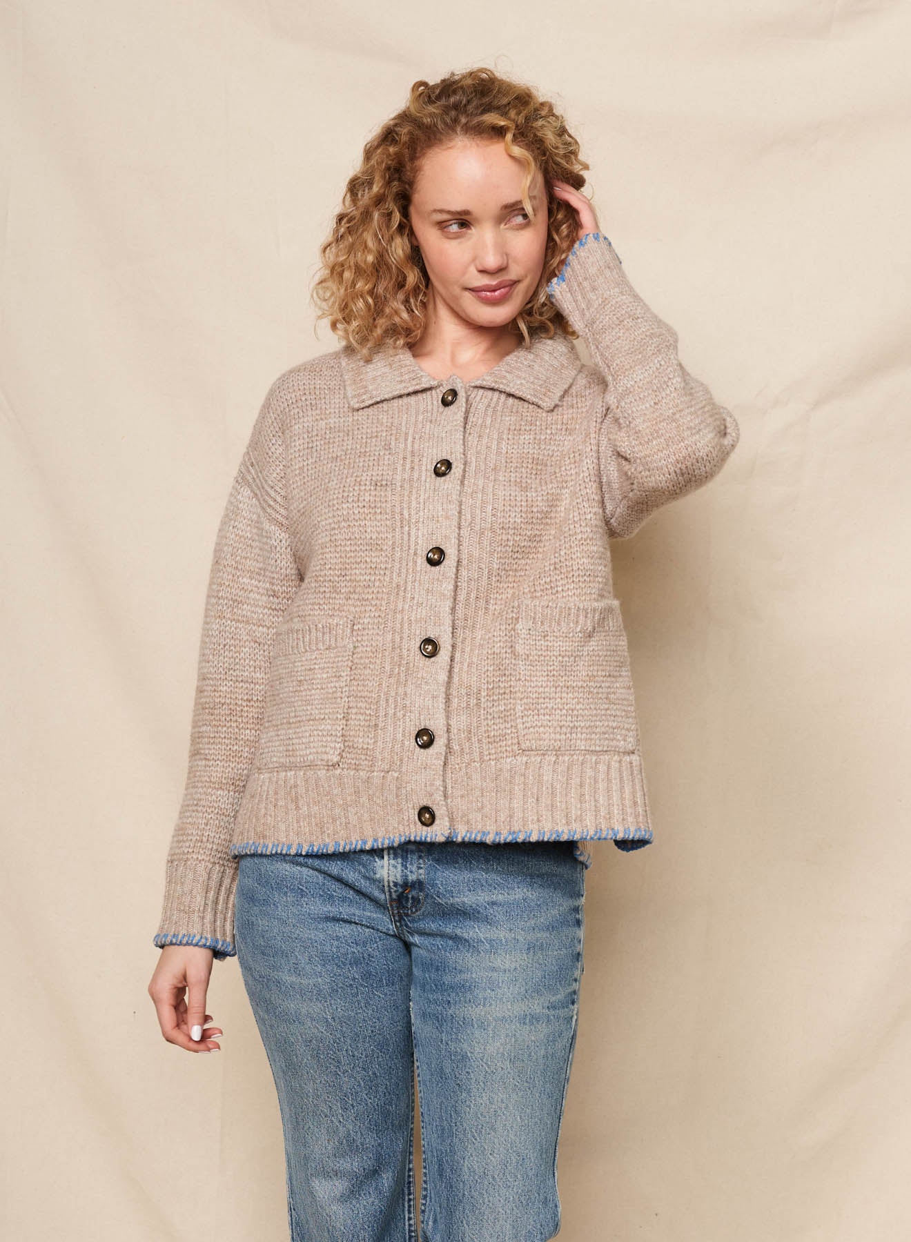 Collared Cardigan Sweater - Taupe