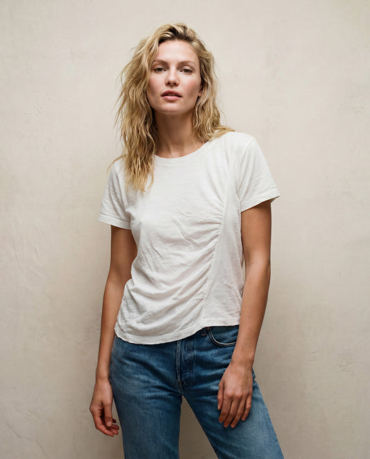 Supima Slub Jersey S/S Biased Ruched Top - White