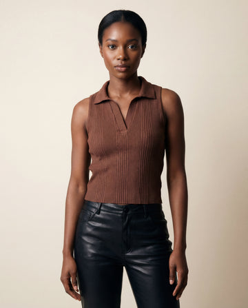 Varigtd Rib Sleeveless Jonny Collar Top - Espresso