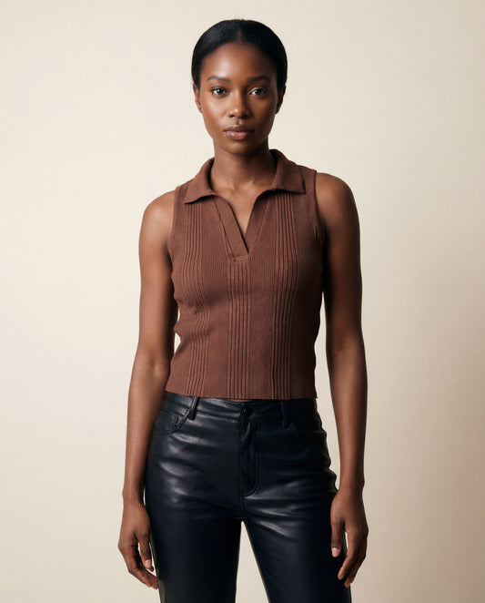 Varigtd Rib Sleeveless Jonny Collar Top - Espresso