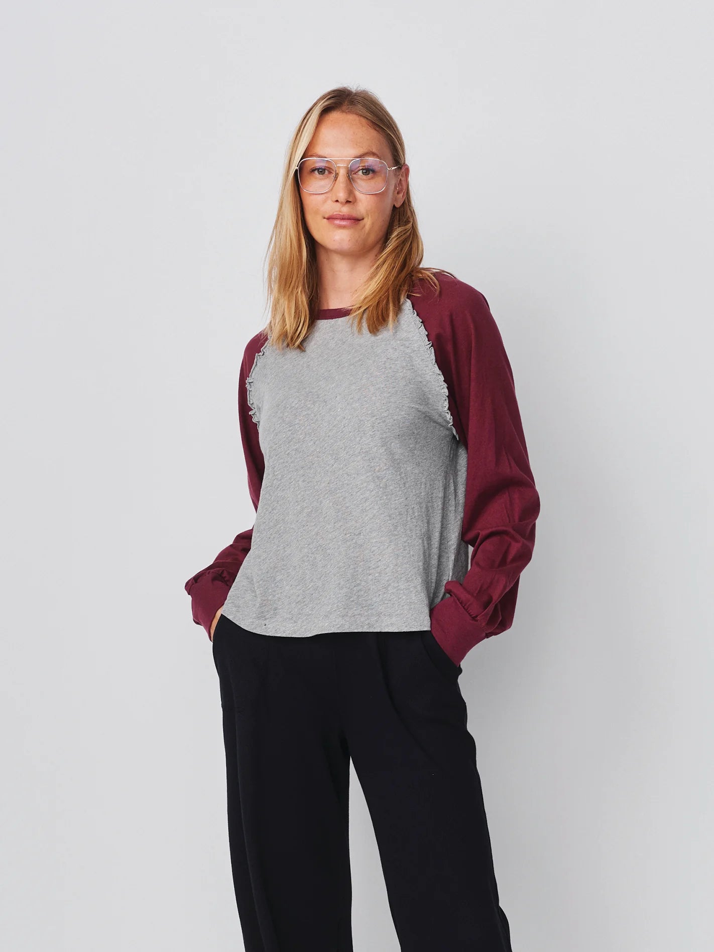 Ruffle Baseball Tee - Heather Grey