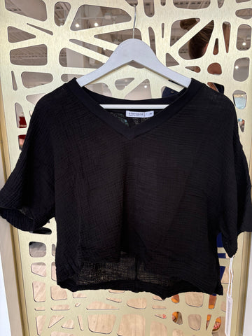 Gauze V-Neck Top - Black