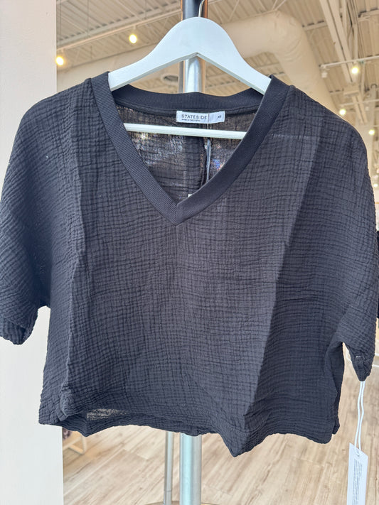 Gauze V-Neck Top - Black