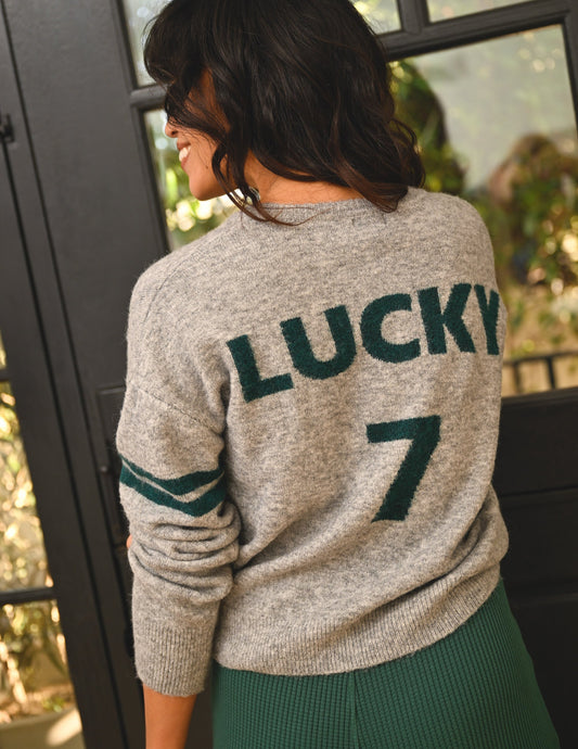 Lucky 7 V-Neck Intarsia Sweater - Heather Grey
