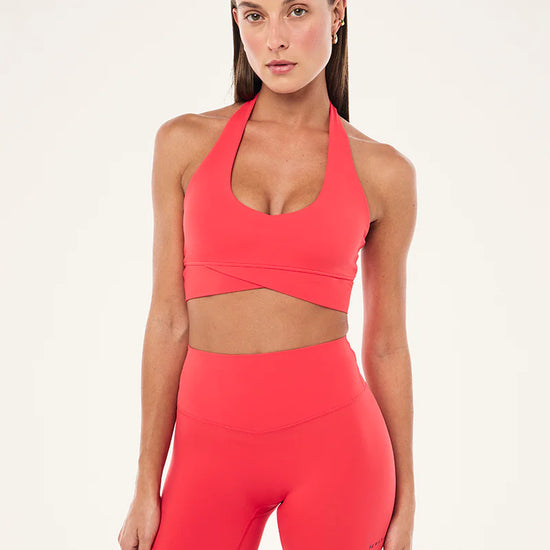 Reset Halter Sports Bra Strawberry low scoop neck on model