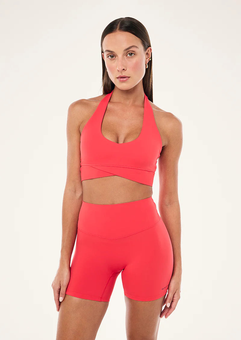 Reset Halter Sports Bra Strawberry low scoop neck on model
