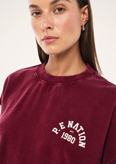 pe nation Swerve 2.0 Sweat long sleeve Washed Cabernet texture close up