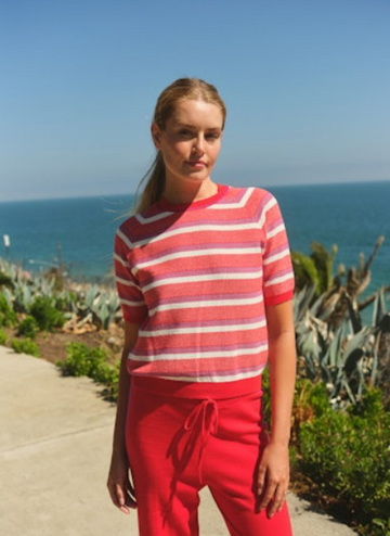 Crew Neck Stripe Raglan Sweater - Vermillion